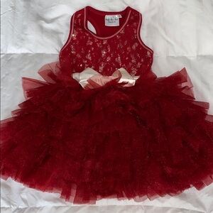 Ooh la la couture red/gold lace top, layered ruffle bottom tutu like dress